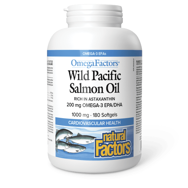 A white bottle of OmegaFactors Pacific Wild Salmon Oil, containing 180 capsules, rich in Omega-3 and astaxanthin for cardiovascular health.