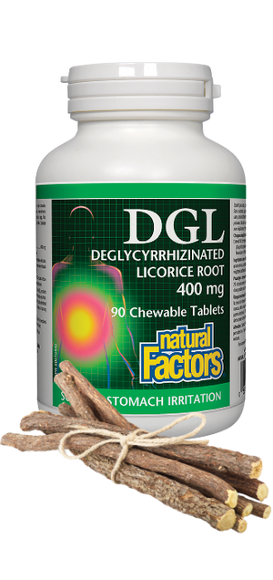 Natural Factors DGL bottle with bundle of licorice root