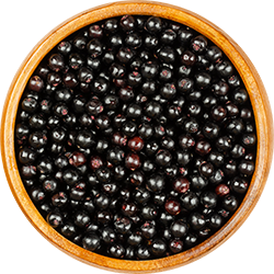 A wooden bowl filled with small, round, dark berries.