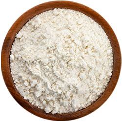 Powdered Pharma Gaba in a wooden bowl on a white background