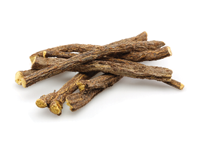 Raw dried licorice root on a white background