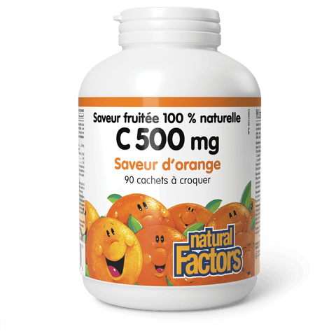 C 500 mg saveur fruitée 100 % naturelle, saveur d’orange, Natural Factors|v|image|1330