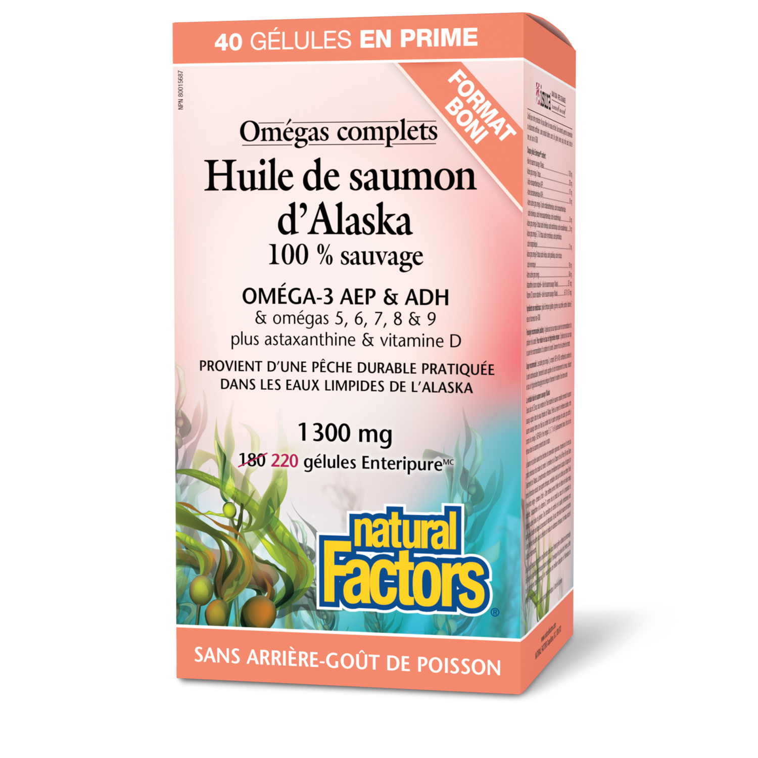 Huile de saumon d’Alaska 100 % sauvage 1 300 mg, Omégas complets, Natural Factors|v|image|8266